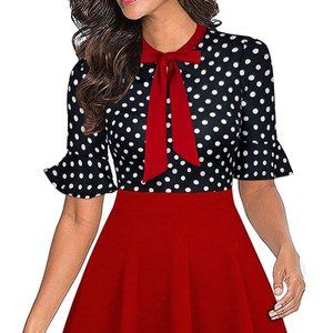RANPHEE Women's Bow Tie Neck Polka Dot A-Line Fit and Flare Dress